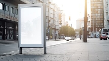 Vertical blank white billboard at bus stop on city. Generative AI