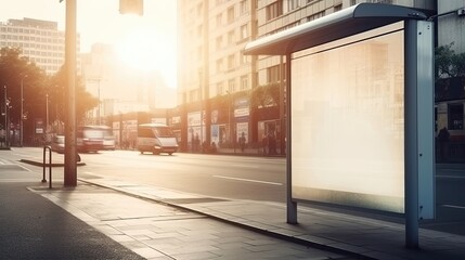 Fototapeta premium Vertical blank white billboard at bus stop on city. Generative AI