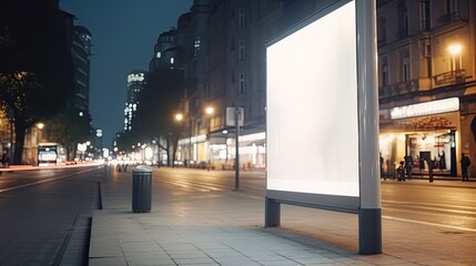Vertical blank white billboard at bus stop on city. Generative AI