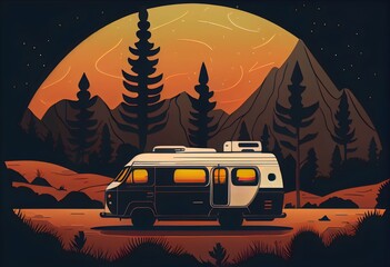 camper van parked in a scenic location for use in advertising for camping or RV companies. Generative AI