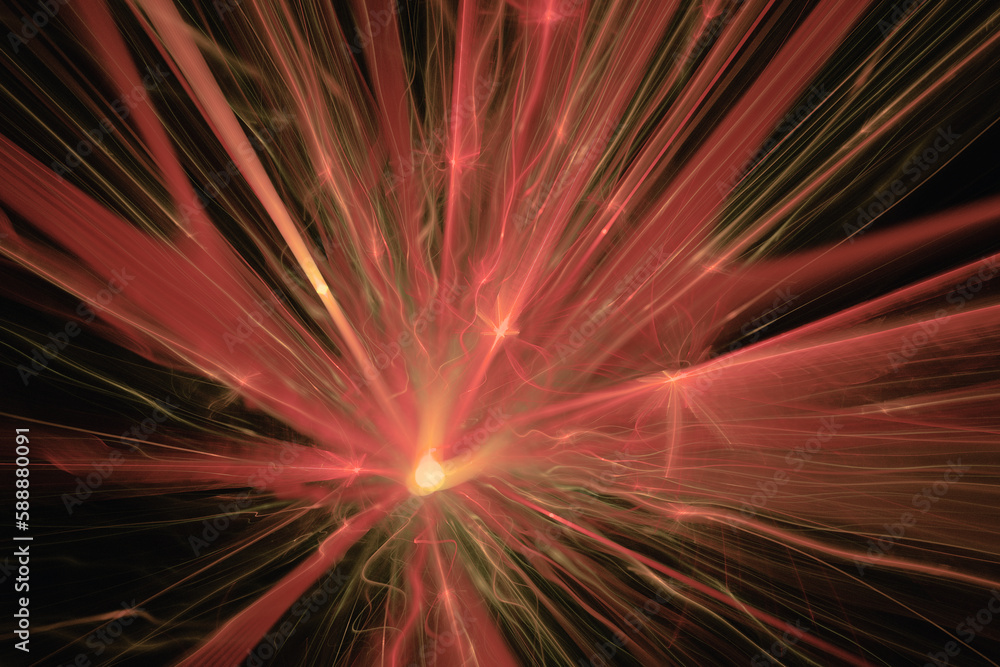 Poster red pattern of crooked rays on a black background. abstract fractal 3d rendering