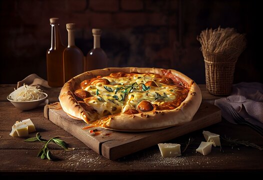 Italian pizza 4 cheese, quattro formaggi, on rustic table. Soft lights. Burlap bakery background. Generative AI