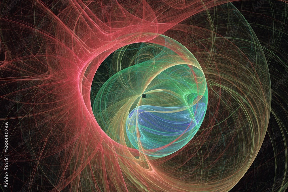 Poster orange green swirling round pattern of crooked waves on a black background. abstract fractal 3d rend