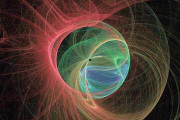 Orange green swirling round pattern of crooked waves on a black background. Abstract fractal 3D rendering