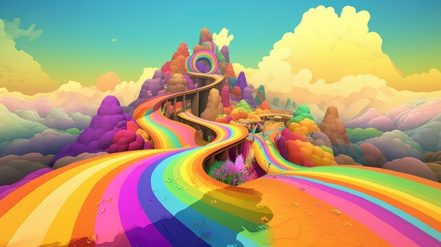 Rainbow Road Trip: A colorful road trip adventure where participants follow a route that leads to hidden psychedelic treasures. Generative ai.
