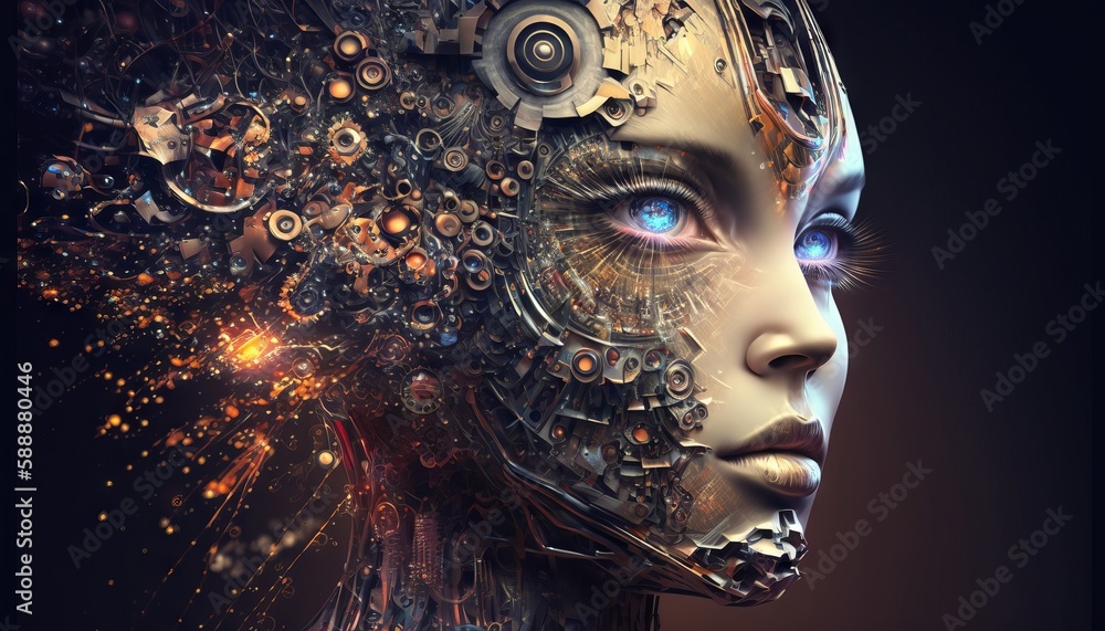 Aufkleber generative ai of a female robot with gears and cogwheels