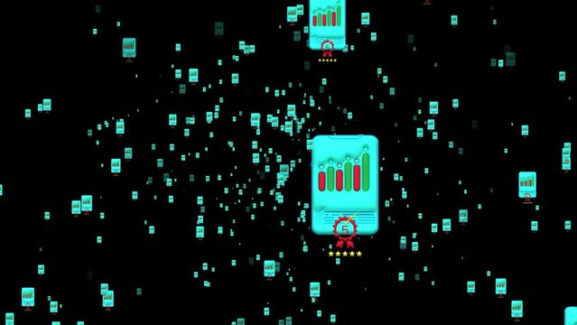 animated particle of review rating stars for the best service rating for data satisfaction graphed charted on black background,motion graphic.