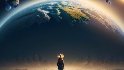 Person in the landscape with earth planet in background. Generative AI