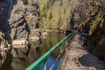 Fototapeta na wymiar Boardwalk in Jizera river valley near Semily, part of Riegrova stezka path, Czechia