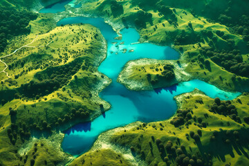 Obraz premium The summer aerial view reveals a lush green landscape dotted with turquoise lakes and meandering rivers