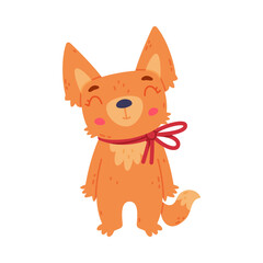 Cute Fennec Fox with Red Coat and Large Ears Standing with Ribbon Bow and Smiling Vector Illustration