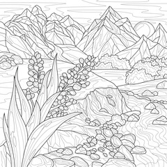 Flower and landscape with mountains and river.Coloring book antistress for children and adults. Illustration isolated on white background.Zen-tangle style. Hand draw