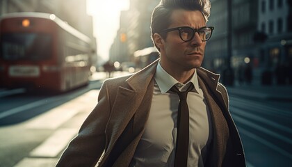 A business person confidently striding down the street, with a determined expression. Generative AI