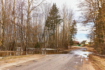 Snow melting in spring. Big puddles in forest. Stream through country road. Wet soil. Season change. March rural landscape.
