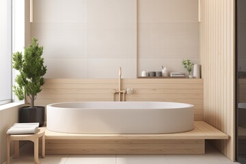 Fototapeta na wymiar White and beige toned Japanese bathroom with wood and marble. a tiled bathtub. simple interior design for a farmhouse. Generative AI