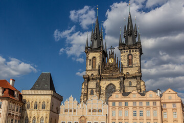 Fototapeta premium Buildings on the Old Town square with the Church of Our Lady before Tyn in Prague, Czech Republic