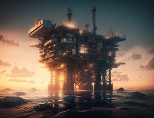 Panorama view of offshore oil and Gas processing platform in sunset time, Concept of exploration and petroleum production industry in the sea. Generative AI