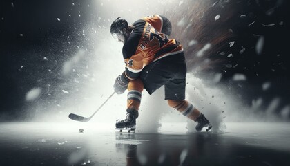 Fototapeta na wymiar Ice Hockey Rink Arena: Professional Player Shooting, Hitting, Stricking the Puck with Hockey Sticks. Athlete Scoring a Goal. Dramatic Wide Shot, Cinematic Lighting. Generative AI