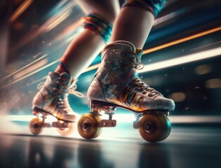 Fototapeta na wymiar Closeup view of woman legs with roller skates at sunset. Futuristic neon lights on background. Creative sport and roller skating lifestyle concept on sunny day. Inline skates sport. Generative AI