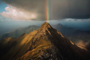 Fototapeta premium Hill or mountain peak with beautiful rainbow after a rain. Colorful beautiful scenery lanscape. Ai generated