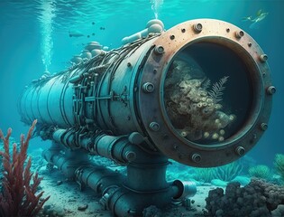 Abandoned and damaged Pipeline beneath the ocean. Pipeline transportation is most common way of transporting goods such as oil, natural gas or water on long distances. Generative AI