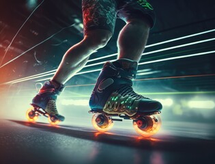Fototapeta na wymiar Closeup view of man legs with roller skates at sunset. Futuristic neon lights on background. Creative sport and roller skating lifestyle concept on sunny day. Inline skates sport. Generative AI