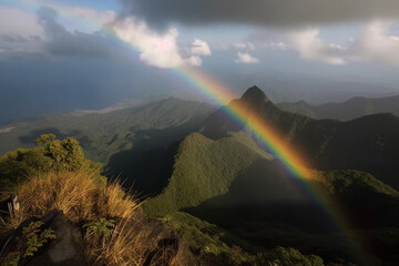 Hill or mountain peak with beautiful rainbow after a rain. Colorful beautiful scenery lanscape. Ai generated