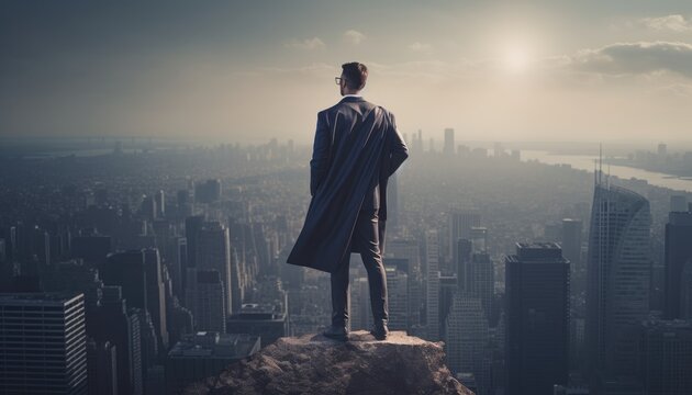 A business person standing top a skyscraper, looking out over the city with a superhero pose. Generative AI