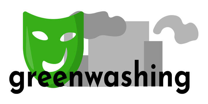 Greenwashing horizontal banner, environmentally unsafe production green masking information illustration, green mask