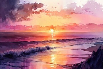 Fototapeta na wymiar Beautiful sunset over the ocean with soft hues of pink, purple and orange. Watercolor Painting. Generative AI