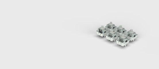 Glass buttons from a computer keyboard. 3d render on gaming, computer technology, PC. Modern minimal style.