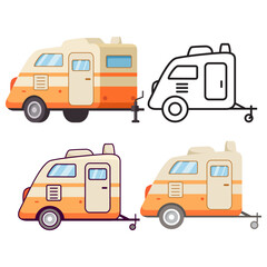 Set rv camper trailer.Truck Campe.Travel trailers.Motorhome caravan car.Isolated on white background. Line art vector illustration.