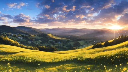 Fototapeta na wymiar Beautiful Sunrise in the Mountain Meadow Landscape
