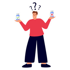Man choosing between two options.Man thinking about vaccine.Male character choosing between medicament.The guy chooses the medicine.Difficult choice in pharmacy.The guy is holding two jars of pills.