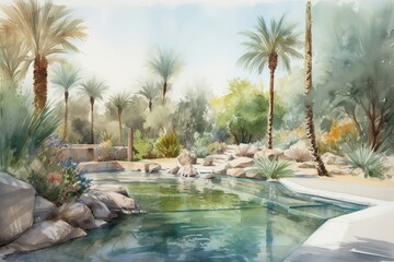 Desert oasis with palm trees and a crystal clear pool of water. Watercolor Painting. Generative AI