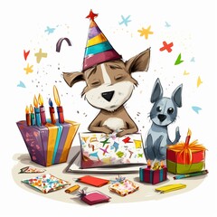 Generate a description of a creative birthday greeting card, 200 words. Leave only nouns and adjectives. Separate words with commas. Generative AI