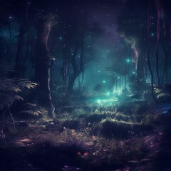 Mystical forest scene at night as digital art Generative AI