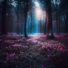 Dark magical forest with purple flowers Generative AI