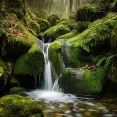 Natural waterfall with rocks and green moss Generative AI