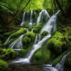 Obraz premium Waterfall cascades in a green forest Generative AI