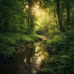 Obraz premium Green forest and forest stream at sunset Generative AI