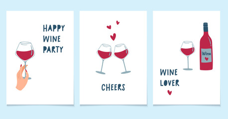 National Wine Day. Hand holding glass with red wine, bottle and hearts. Set of minimalistic style greeting cards. Vector illustrations.