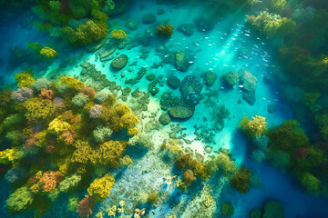 Naklejka na ściany i meble The summer aerial view showcases the vibrant blues and greens of coral reefs and lagoons