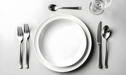 Empty White Dinner Service with plates, fork, spoon, knife, and glass. Minimalist table setting with utensils.  Generative Ai