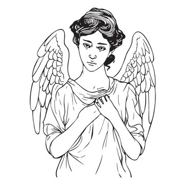 Woman angel with wings with folded hands on a white background hand drawn sketch in doodle style illustration