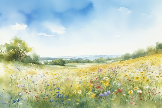 Field of wildflowers in the sunshine with a clear blue sky overhead. Watercolor Painting. Generative AI