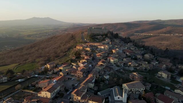 Aerial view of Castel Lagopesole, a small town with a fort on hilltop, Avigliano, Potenza, Basilicata, Italy.