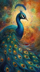 Peacock with Feathers Digital Painting Created with Generative Ai Technology