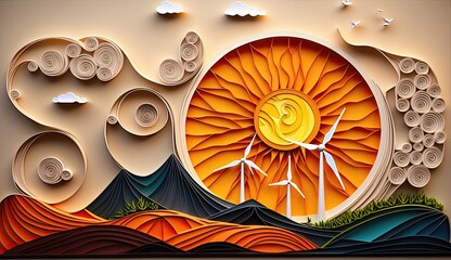 Clean energy brings a vibrant and sustainable future to our world, with paper quilling art showcasing the beauty of renewable resources. Generated by AI.