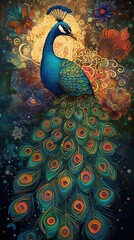 Peacock with Feathers Digital Painting Created with Generative Ai Technology